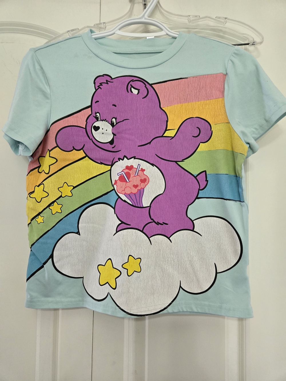 Care Bears Light Blue Tee with Purple Bear and Rainbow Graphic